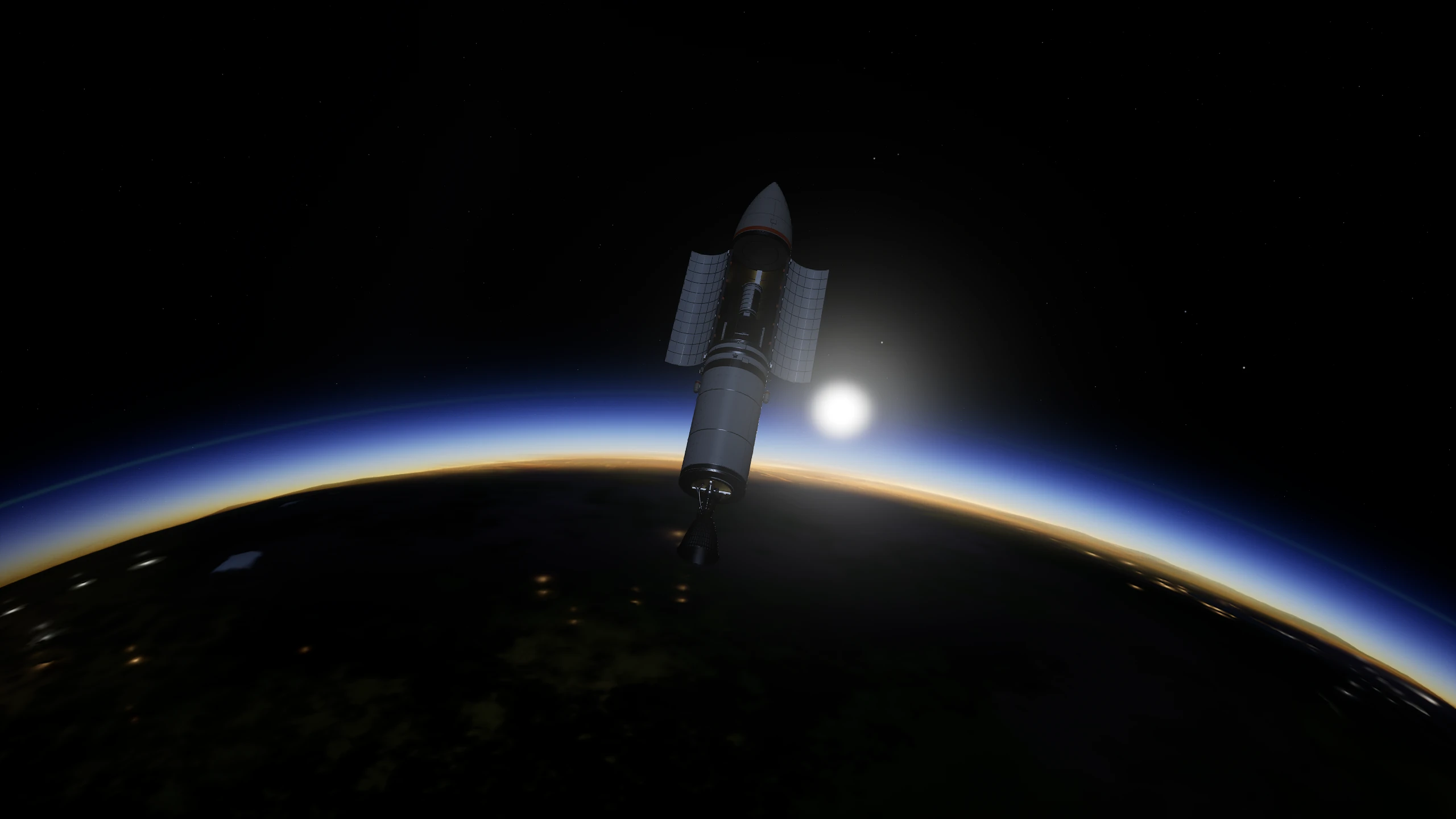 Packhorse Freighter at orbital sunrise over Terra